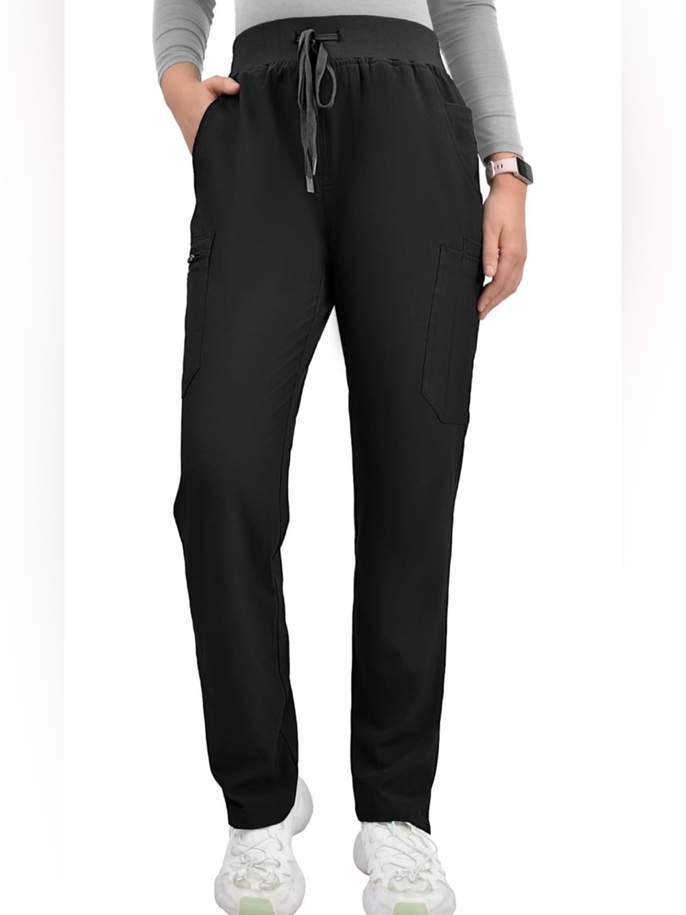 Women's Black Cargo Track Skinny Fit Scrub Pants with Drawstring Waist NWOT